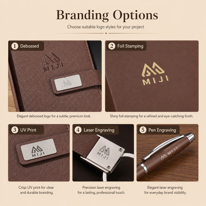 Branding options showing logo methods for notebook, pen, keychain and gift box