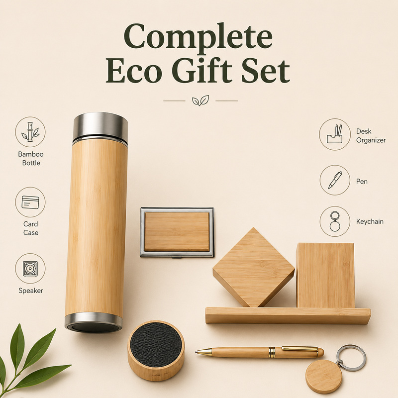 Complete eco office gift set with bamboo-style accessories for corporate gifting projects