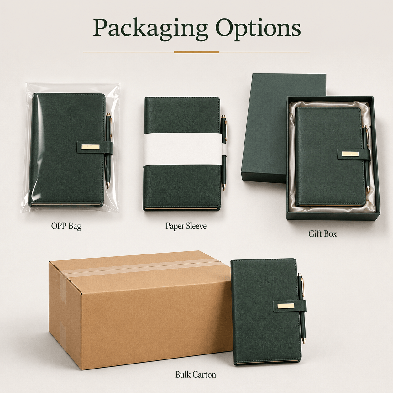 Packaging options for custom A5 notebook including OPP bag sleeve gift box and bulk carton