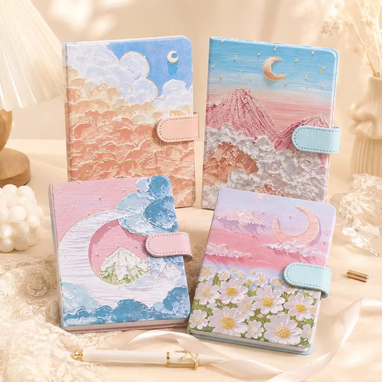 China Custom 128 × 180 mm Dreamy Art Cover Strap Closure Notebook | 100gsm Paper Supplier, Suppliers