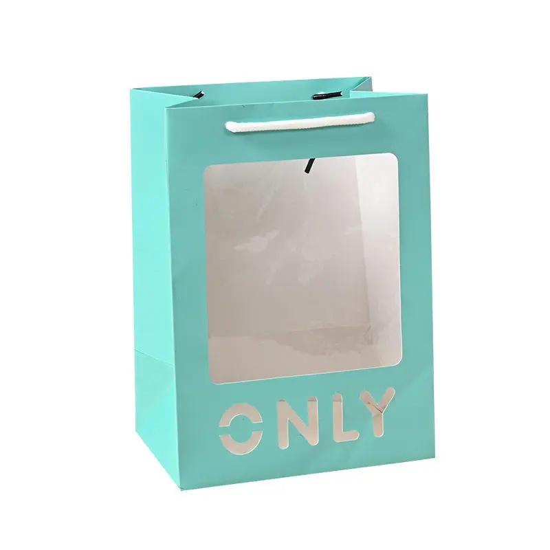 Custom Logo Recyclable Shopping Gift Paper Bags With Clear Transparent Window