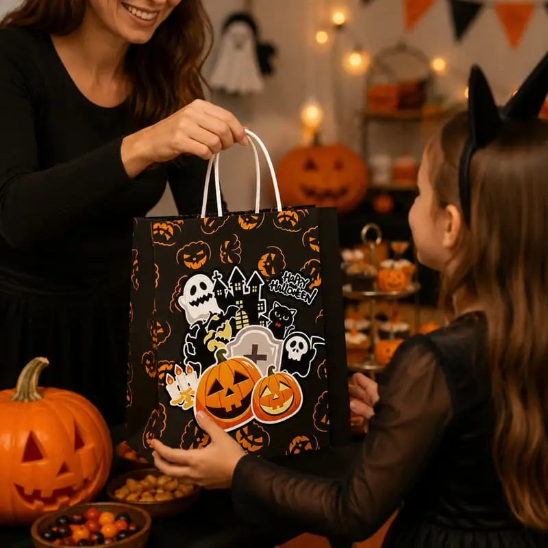 Wholesale Custom Halloween Paper Gift Bags | Black & Orange Party Packaging Supplier, Factories