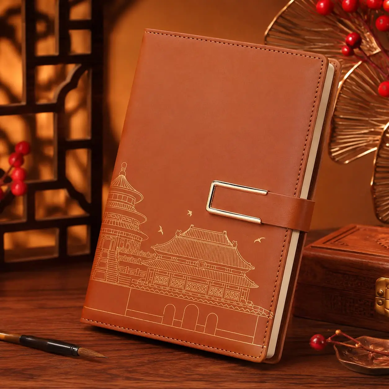 China Custom A5 Chinese Architecture PU Notebook with Metal Clasp | 200 Pages Supplier, Suppliers