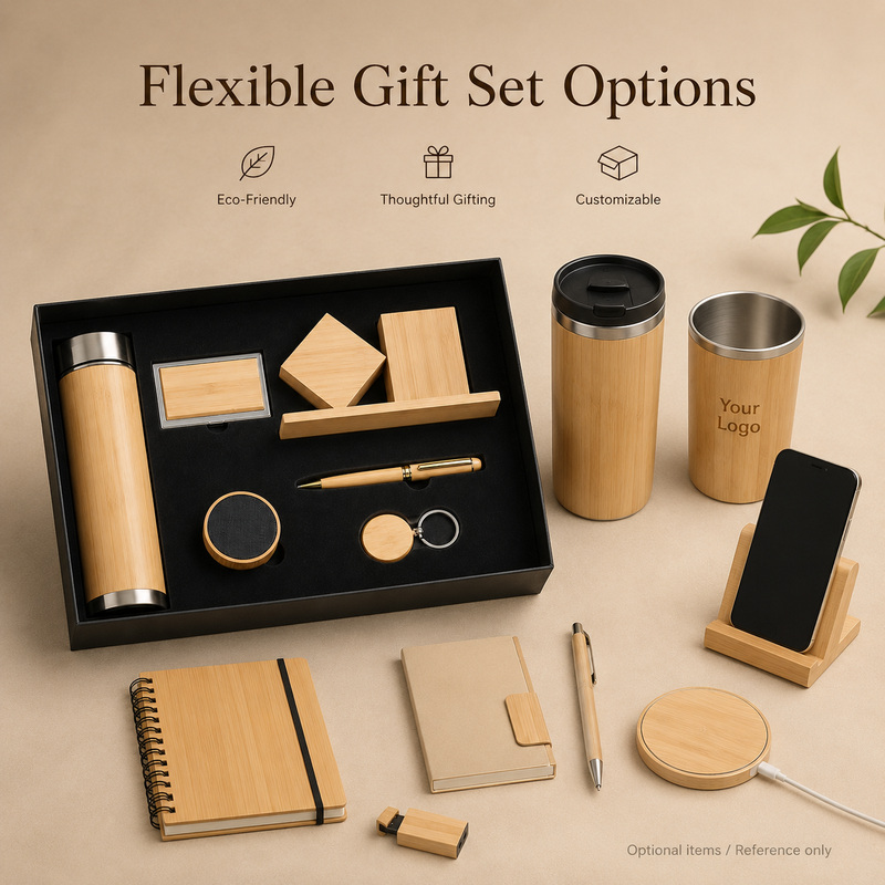 Flexible bamboo gift set options with optional components for project-based gifting programs