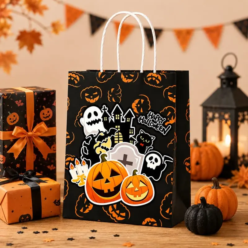Wholesale Custom Halloween Paper Gift Bags | Black & Orange Party Packaging Supplier, Factories