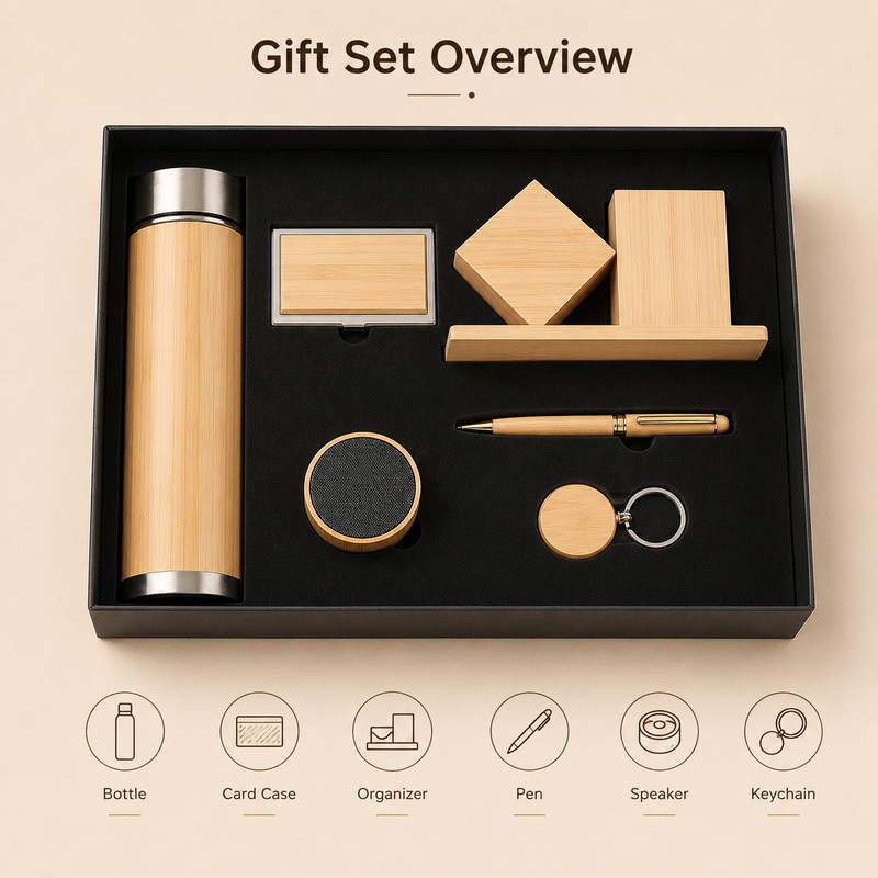 Bamboo gift set overview showing bottle, card case, desk organizer, pen, speaker and keychain