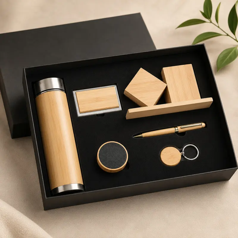 Custom Bamboo Office Gift Set with Bottle, Desk Organizer, Pen, Card Case and Keychain
