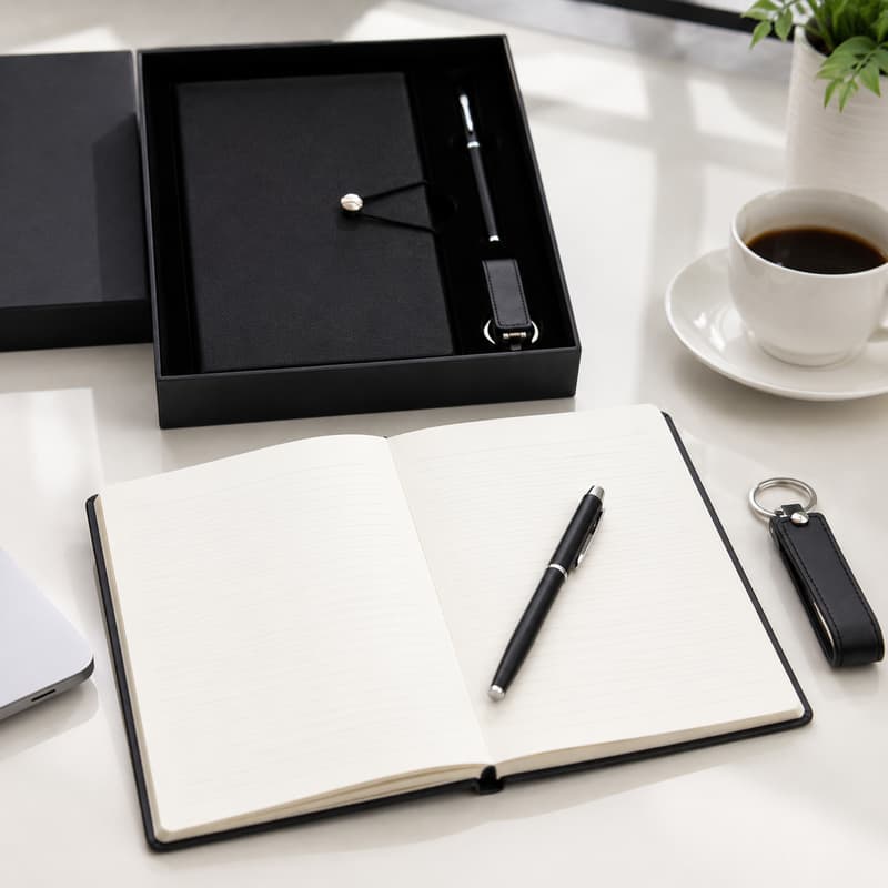 Business gift set products shown in a practical office use setting.