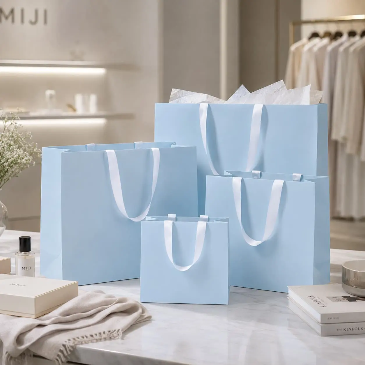 China Custom Light Blue Paper Gift Bags with White Ribbon Handles Manufacturers, Suppliers