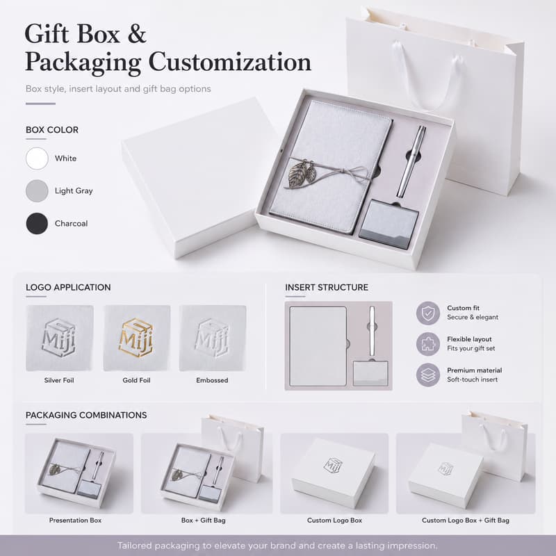 Custom gift box, insert layout and gift bag options for a silver business gift set