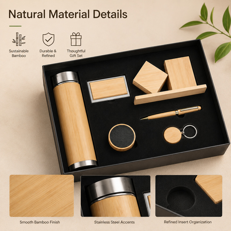 Natural bamboo material details with bamboo finish, metal accents and organized gift box presentation