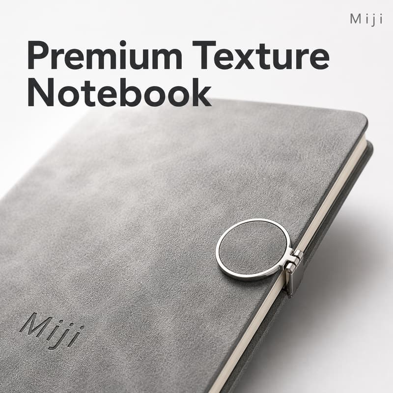 Close-up of grey textured notebook cover with metal ring closure and custom logo