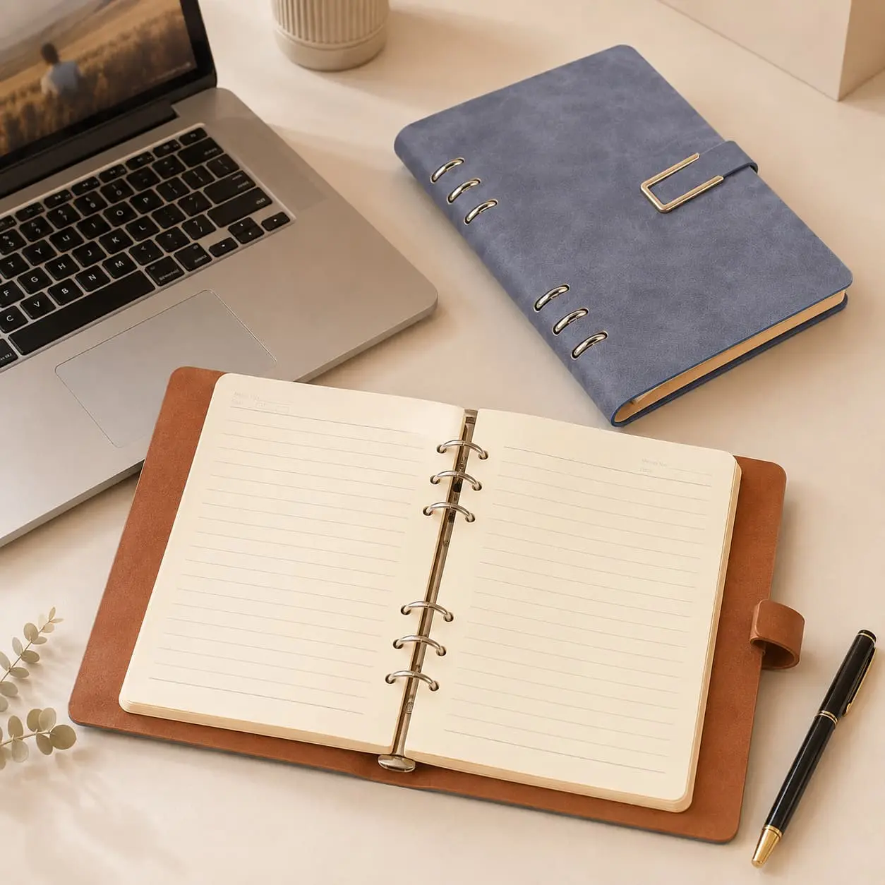China Custom A5 Soft-Touch PU 6-Ring Loose-Leaf Notebook with Metal Pen Holder Manufacturer, Factories