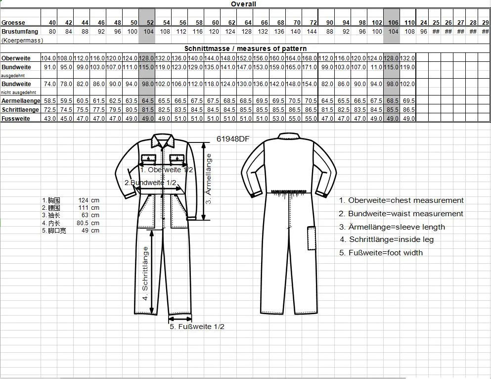 Tabla de tallas Ropa de trabajo