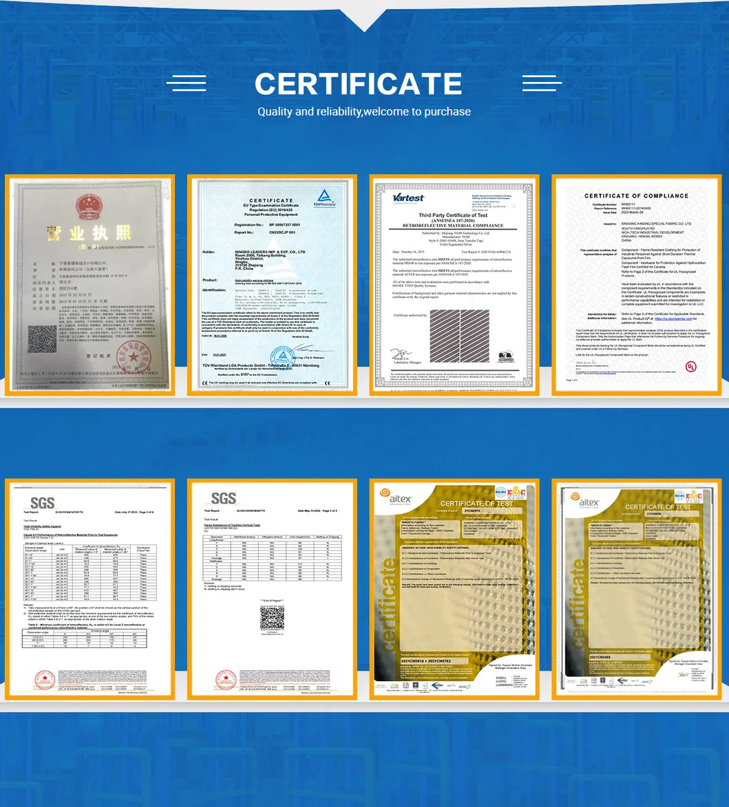 Certificados de seguridad ignífuga y de alta visibilidad