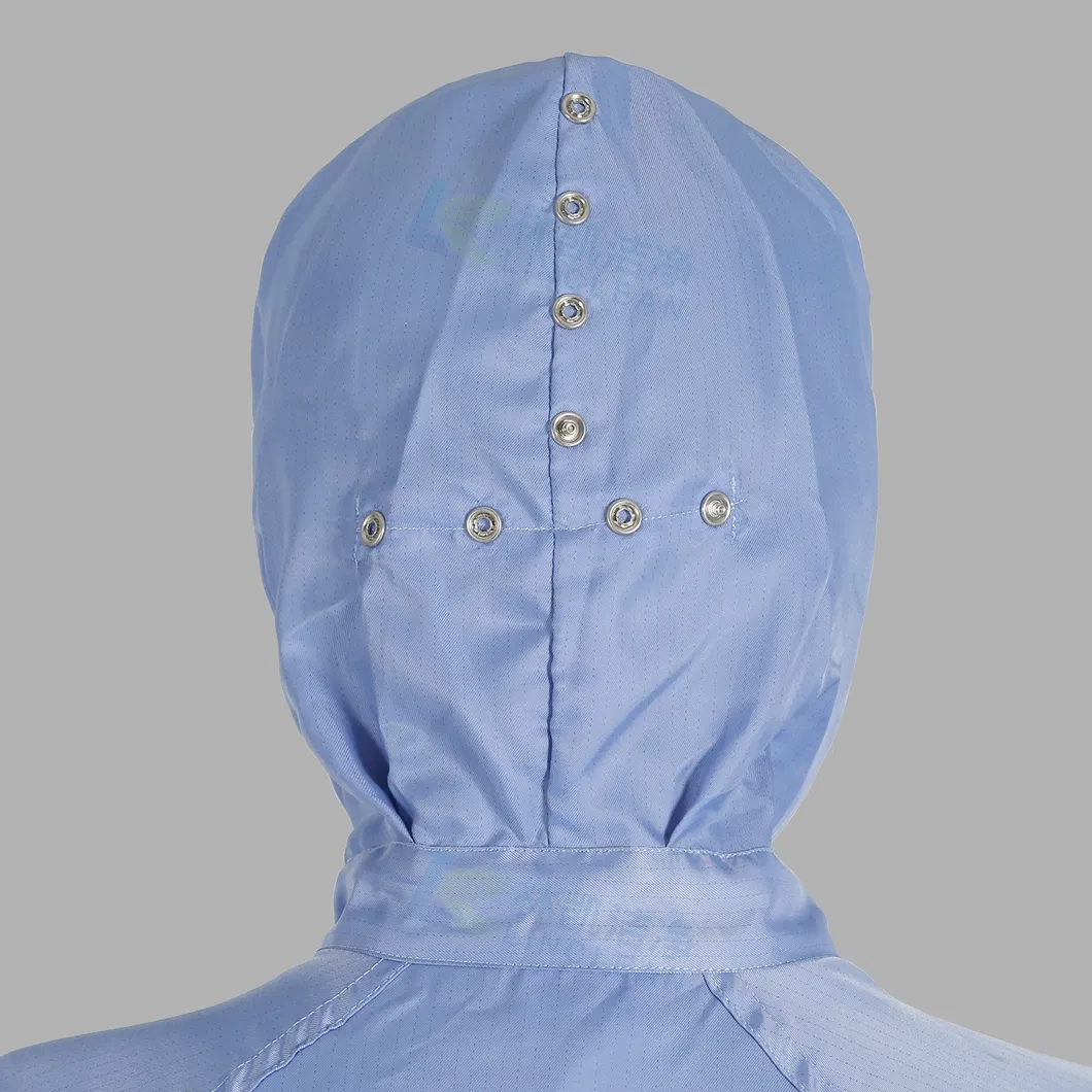 Ropa de trabajo limpia a prueba de polvo azul con cremallera frontal ESD para fábrica farmacéutica
