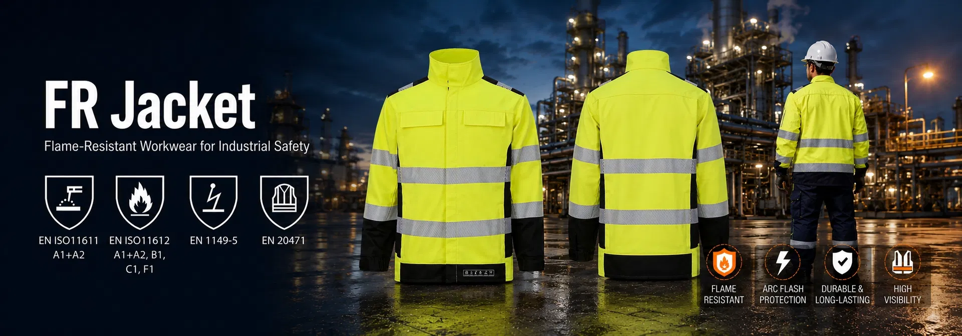 Chaqueta de seguridad industrial de alta visibilidad CE Certificada En ISO 20471 resistente a las llamas, antiestática y contra arcos eléctricos