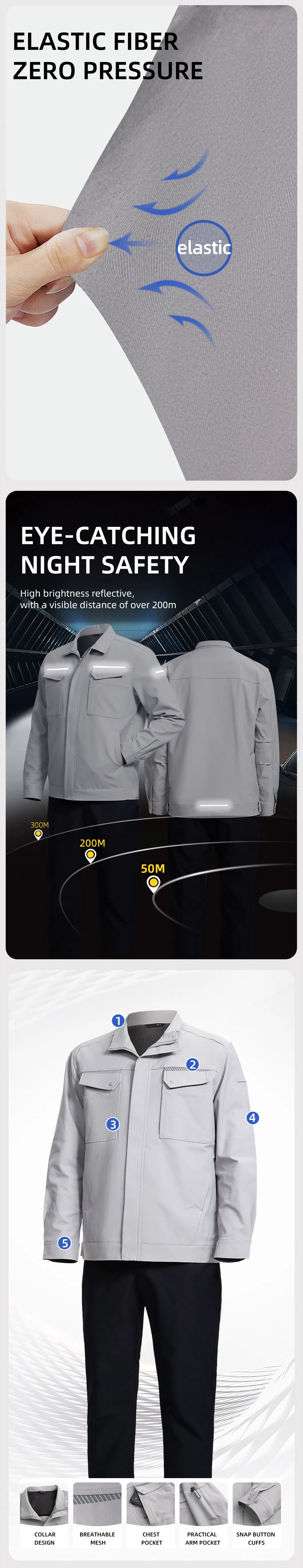 Uniformes de trabajo protectores de seguridad con tela elástica, ropa industrial resistente al desgaste, chaqueta y pantalones de trabajo, ropa de trabajo personalizada