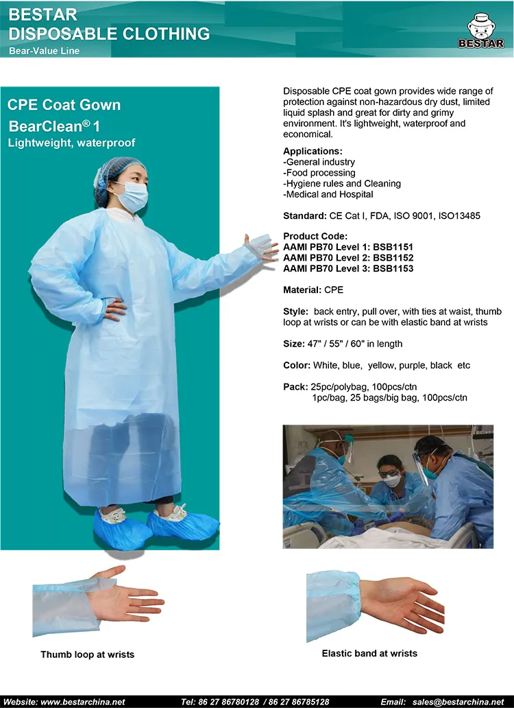 Nivel 2 AAMI PB70-2012 Ropa protectora desechable impermeable de CPE