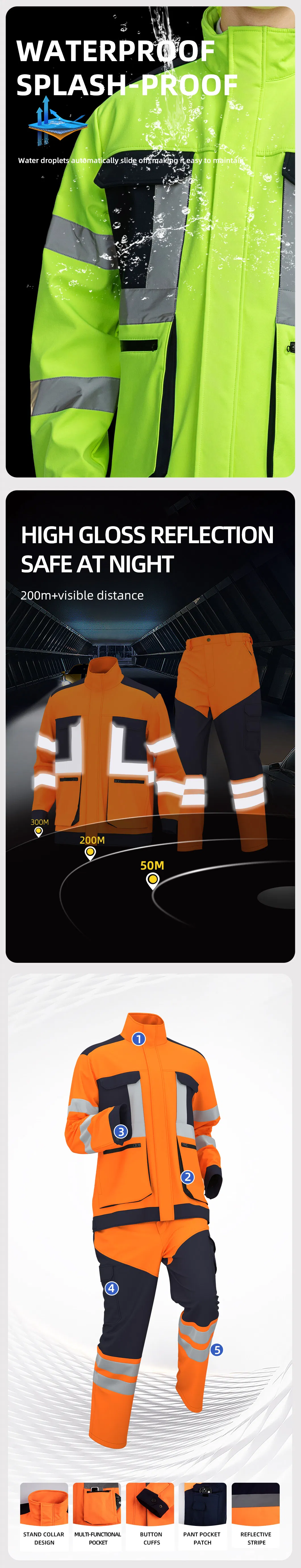 Uniformes de trabajo de alta visibilidad para invierno, chaquetas y pantalones impermeables de trabajo con reflectantes, ropa de trabajo exterior