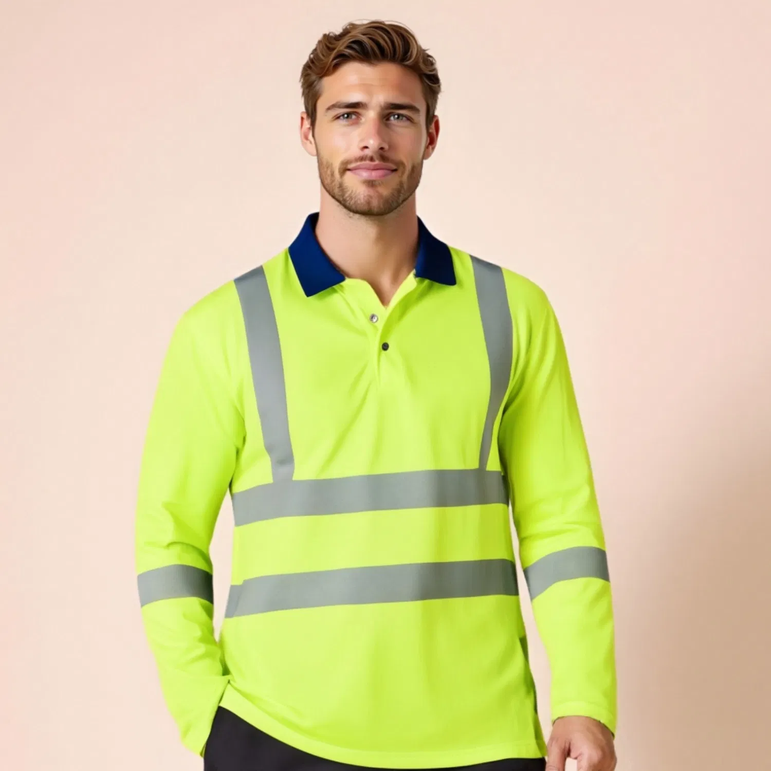 Fabricante de ropa OEM Camiseta polo para hombres de alta calidad de alta visibilidad de manga larga con reflectante para ropa de trabajo en minería, construcción y mecánica
