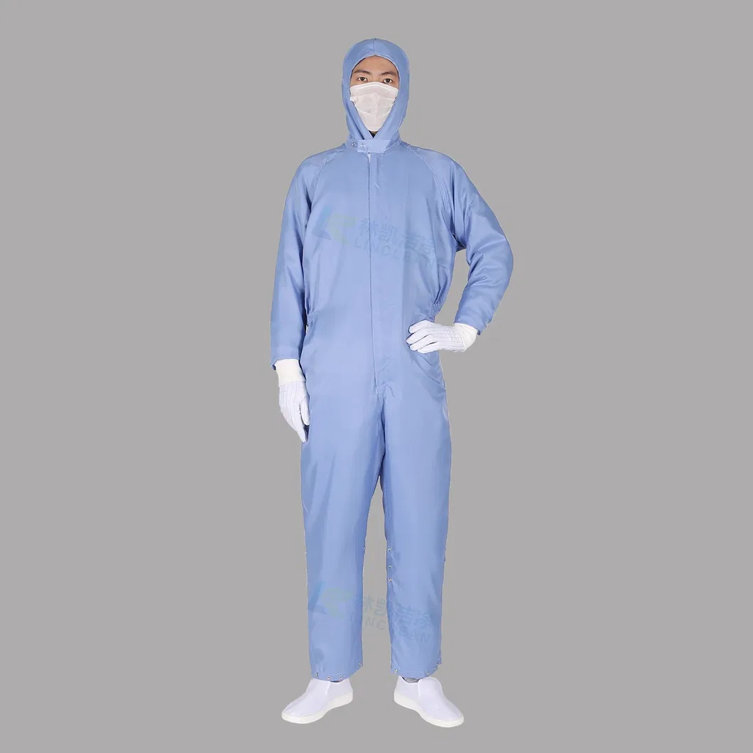 Ropa de trabajo limpia a prueba de polvo azul con cremallera frontal ESD para fábrica farmacéutica