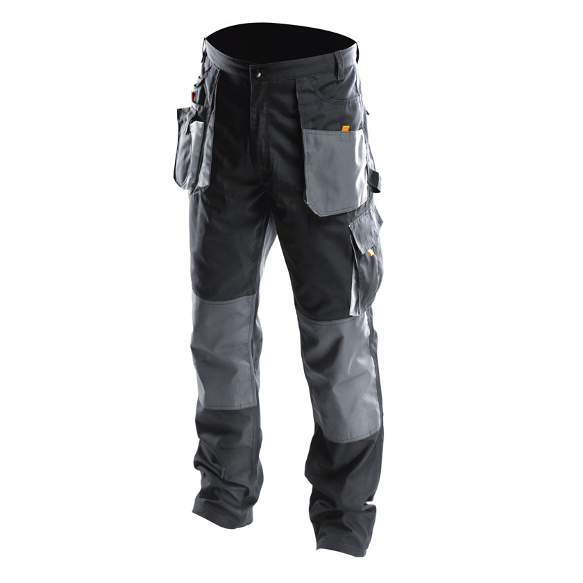 Pantalones de trabajo para hombres grises de cintura alta para exteriores con múltiples bolsillos e inserciones para rodilleras para construcción, pantalones de trabajo de poliéster, algodón y spandex de alta resistencia