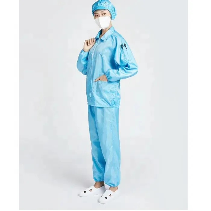 Ropa de limpieza azul ESD con diseño de cuadrícula, ropa antiestática, ropa de seguridad