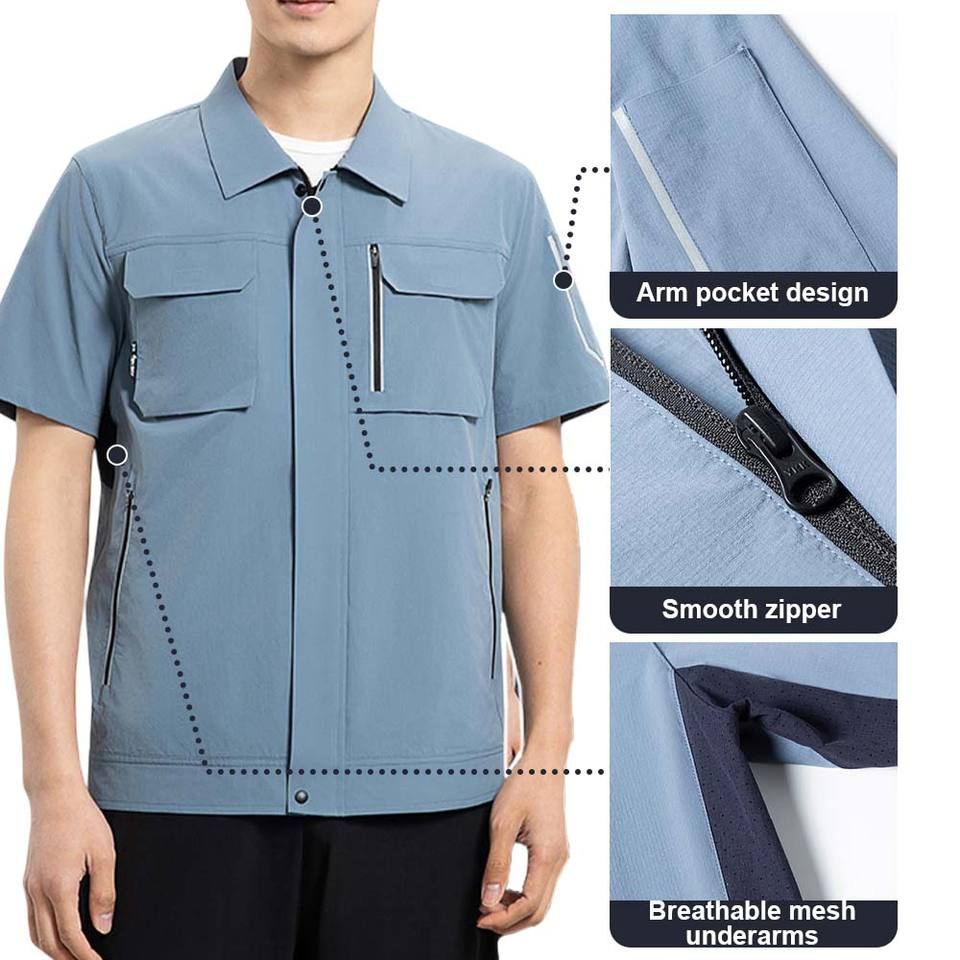 Camisa de trabajo de manga corta para hombres, de secado rápido, resistente al aceite, con múltiples bolsillos, ideal para la construcción y el trabajo en el suelo de la fábrica