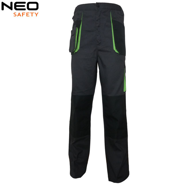 Pantalones de trabajo para hombres grises de cintura alta para exteriores con múltiples bolsillos e inserciones para rodilleras para construcción, pantalones de trabajo de poliéster, algodón y spandex de alta resistencia