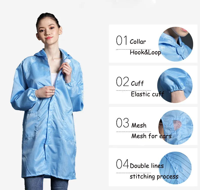 Ropa de trabajo de vestido de laboratorio antistático de sala limpia, ropa protectora ESD