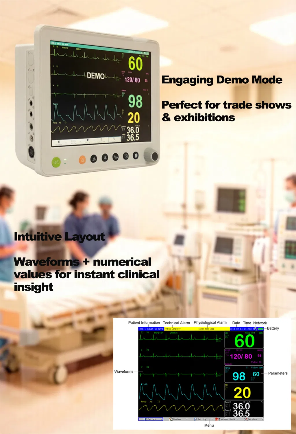 ISO13485 Monitor de Paciente Multicanal Certificado para Cuidados de Adultos, Pediátricos e Neonatais