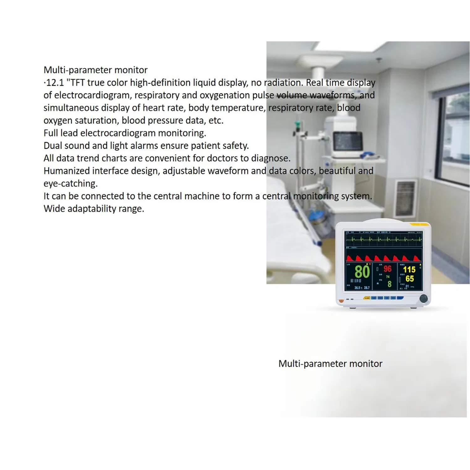Monitor de Sinais Vitais de Equipamento Médico da China com Carrinho Monitor Multiparamétrico de ECG Neonatal para Uso em Hospital, UTI, CCU e Sala de Emergência