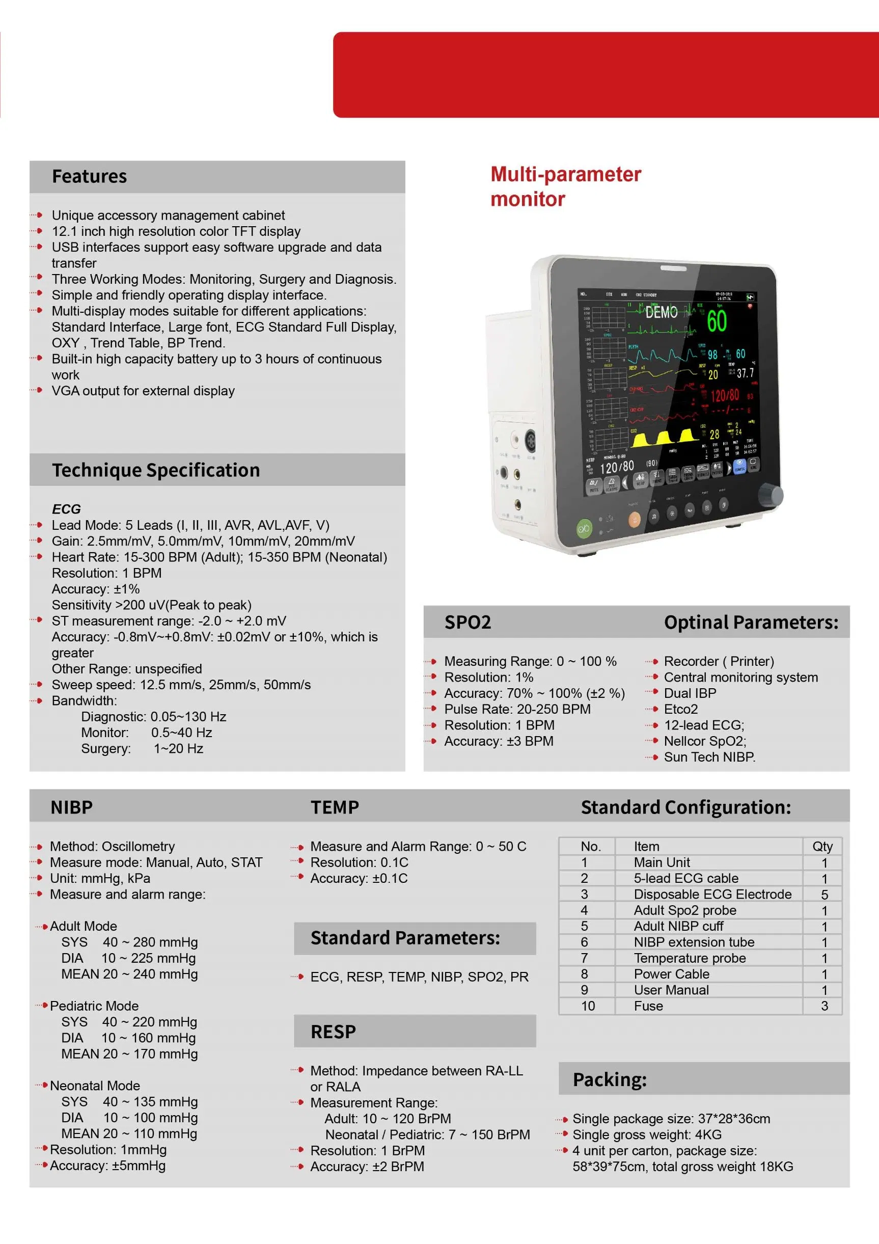 Ltsp28 Eletrocardiógrafo Portátil SpO2 Monitor de Temperatura Monitorando Monitor de Paciente