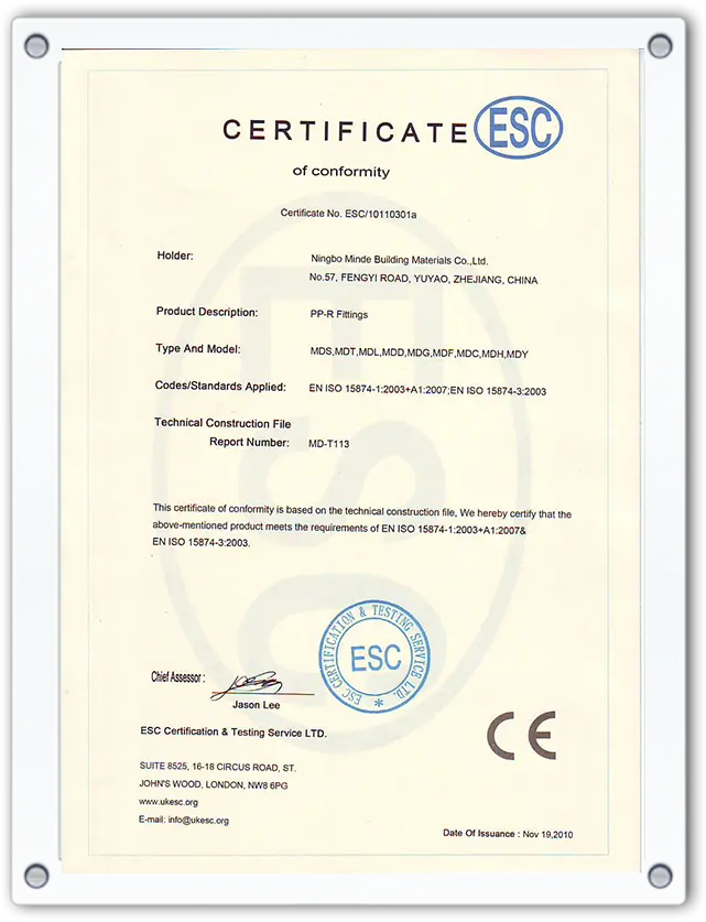 ISO 14001 Environmental Management System Certificate — Minde Plastic Pipes Factory