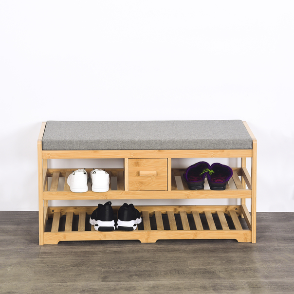 Bamboo Home Furniture 2-Tier Entryway Bench with Shoe Storage Soft Cushion & Convertible Design for Living Room Bedroom Hallway