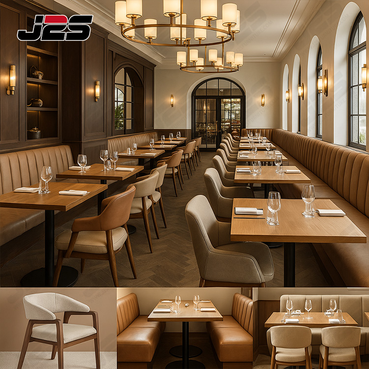 Luxury Upholstered Restaurant Chair Sets with Curved Armrest and Solid Wood Frame for Commercial Coffee Shop Furniture Projects