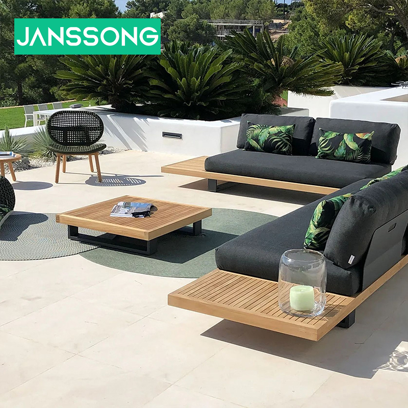 Luxury Teak Garden Sofa Hotel Villa Outdoor Aluminum Combination Patio Set Waterproof Cushion Casual Style Garden Furniture Set