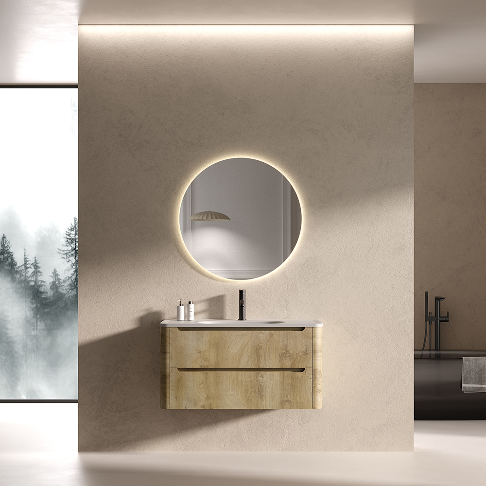 Modern Durable PVC-Wrapped MDF Rectangle Floor Standing Gel Coat Stone Basin Cabinet LED Mirror Water-Resistant Vanity