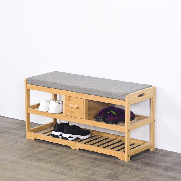 Bamboo Home Furniture 2-Tier Entryway Bench with Shoe Storage Soft Cushion &amp; Convertible Design for Living Room Bedroom Hallway