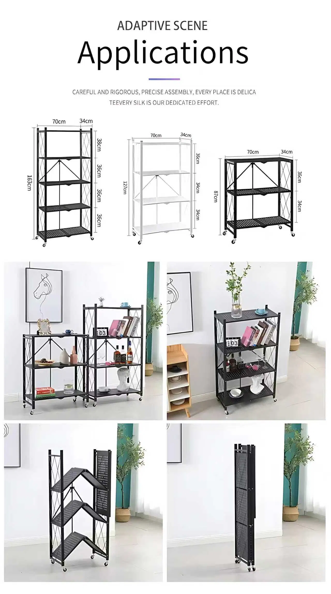 Four Layer Collapsible Storage Shelf on Wheels with Mesh Shelving for Laundry Room and Garage Organization Applications