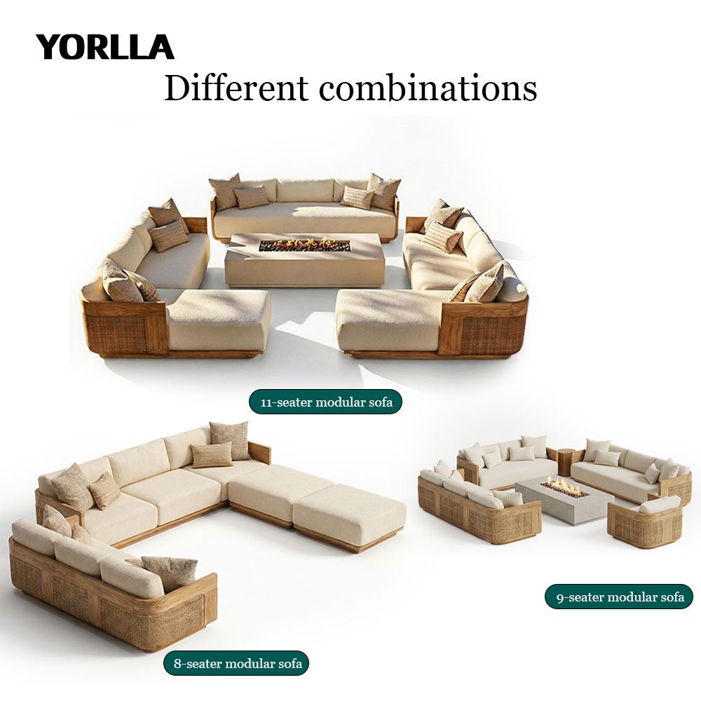 Luxury Modern Garden Sofa Set All-Weather Teak Wood Rattan Outdoor Furniture Sectional Lounge Couch for Villa Hotel Patio