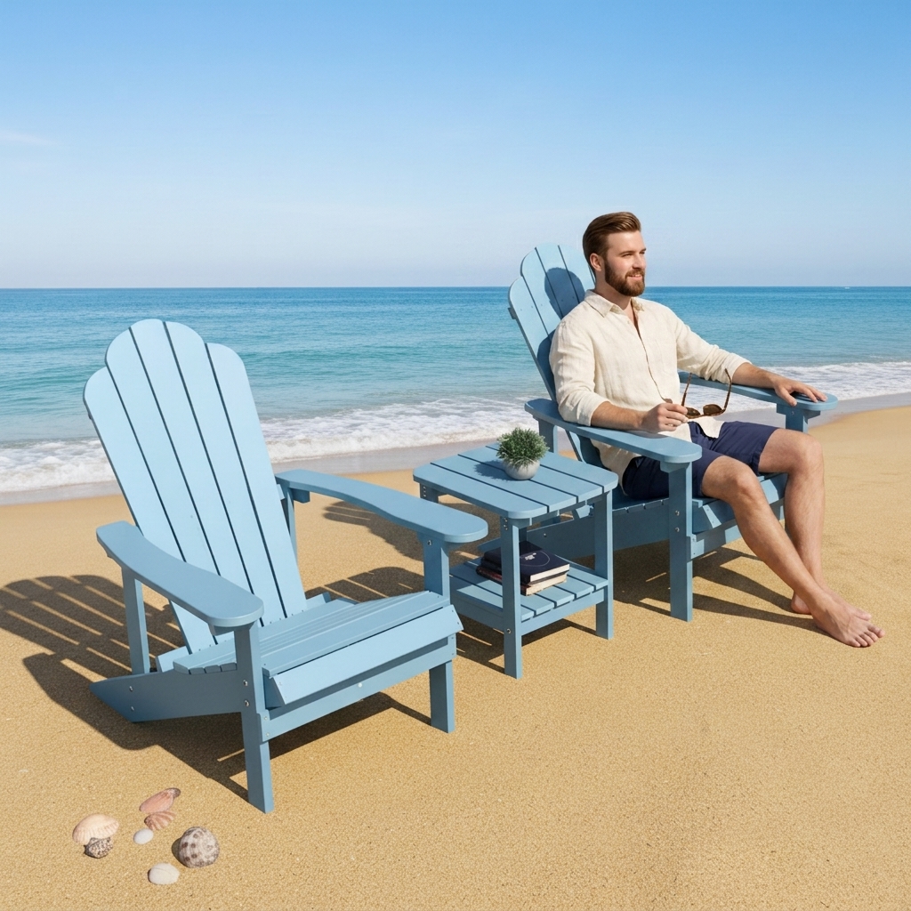 Modern HDPE Outdoor Chair Set Side Table Weatherproof UV Resistant No Rot/Rust Portable | Blue Patio Furniture Beach