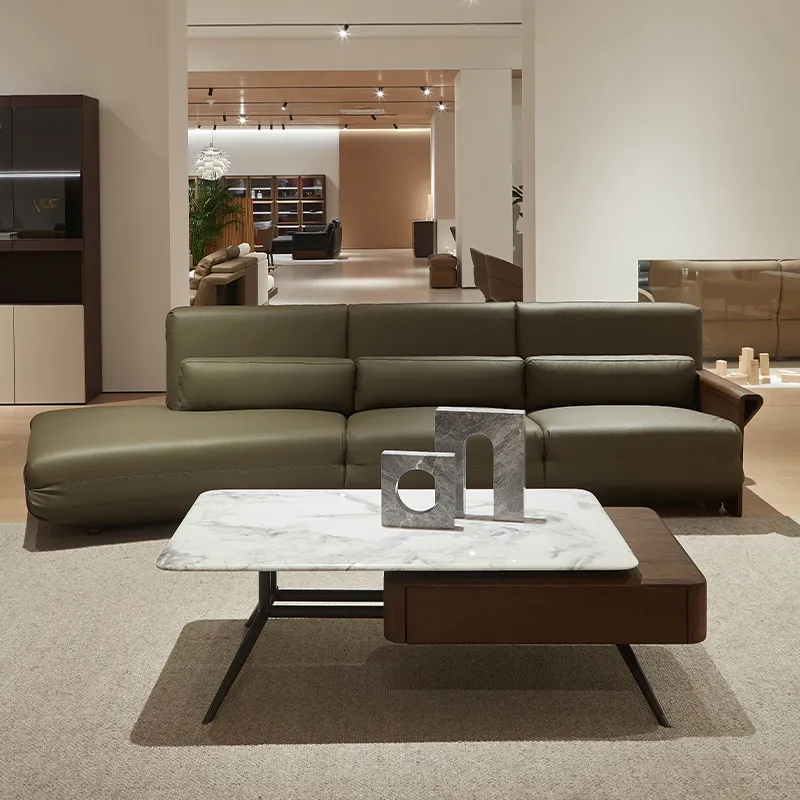 Wood Luxury Leather Sofa Furniture Ensemble with Accents Bespoke Upholstery Design for Villa Mansion Lounge Decor