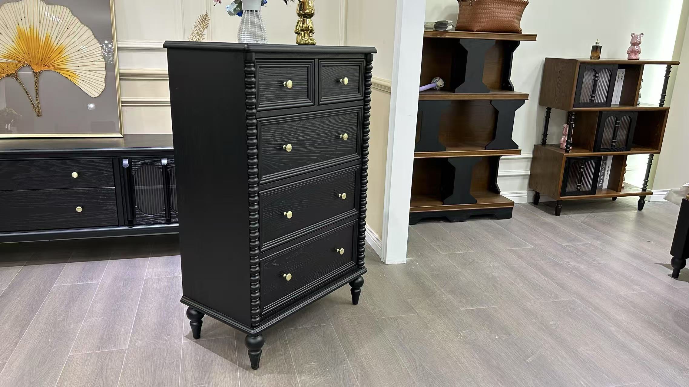 Custom Traditional Style Sideboard Farmhouse 5 Drawer Solid Wood Lacquer Tall Dresser Storage Chest for Bedroom Entryway Hallway
