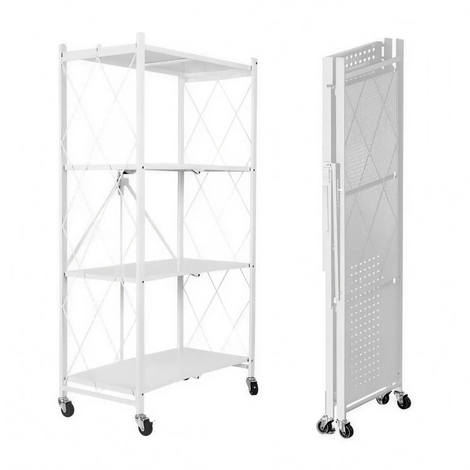 Four Layer Collapsible Storage Shelf on Wheels with Mesh Shelving for Laundry Room and Garage Organization Applications