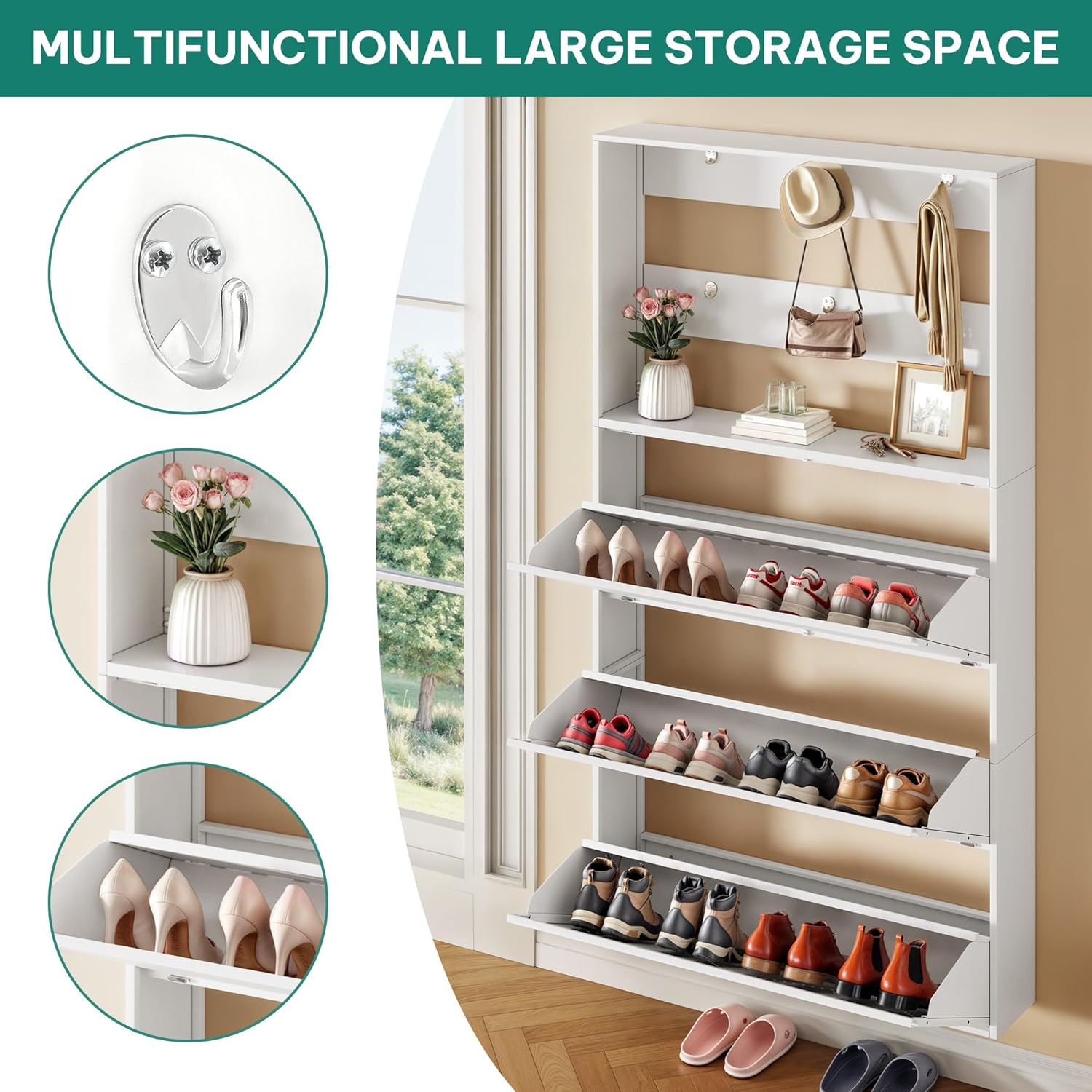 Steel Wall Mounted Shoe Cabinet with 3 Flip Drawers &amp; Coat Rack Slim Design for Entryways &amp; Hallways White