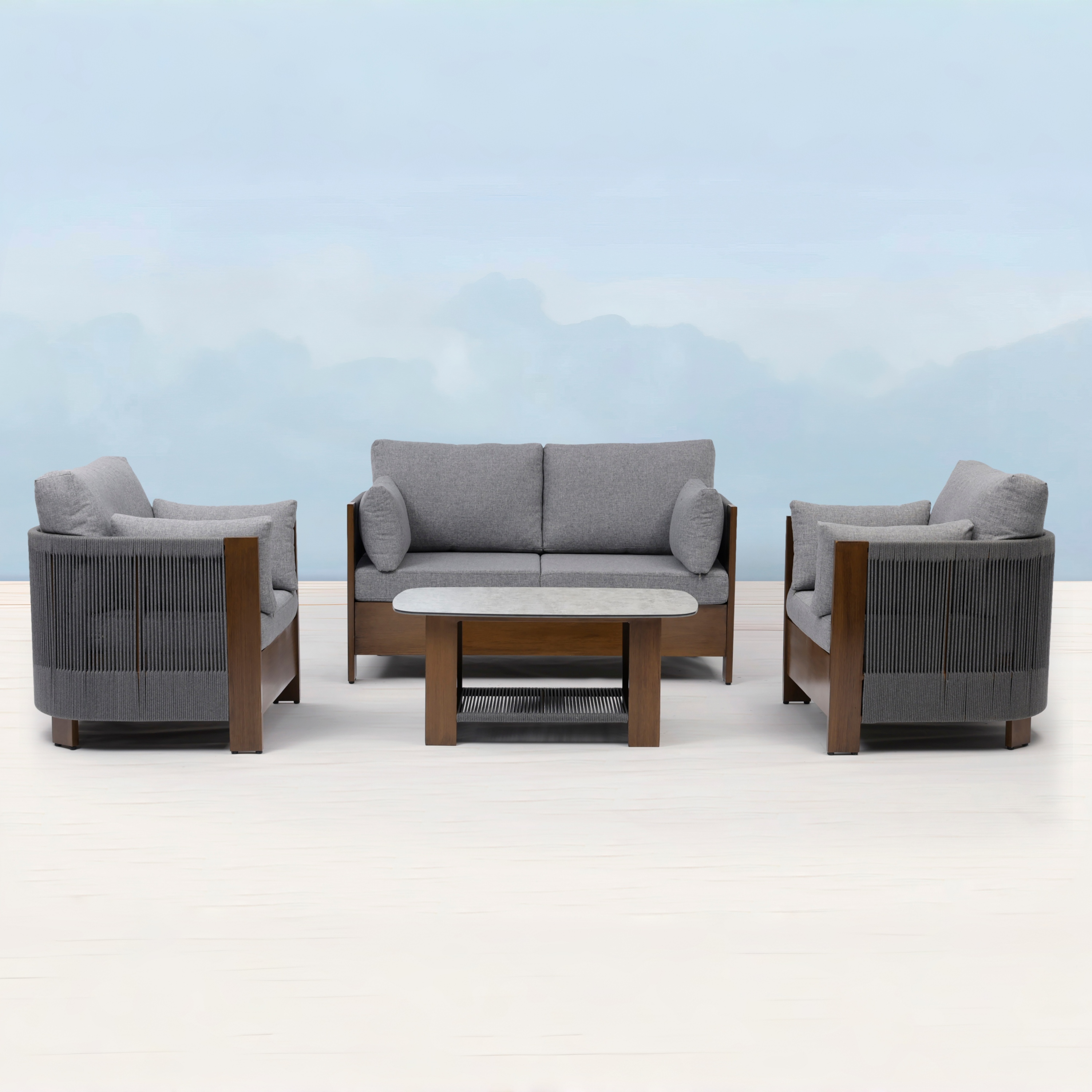 Modern Luxury Outdoor Rope Woven Sofa Set Solid Wood Frame Garden Furniture Patio Sectional Sofa with Thick Cushions(sf278)