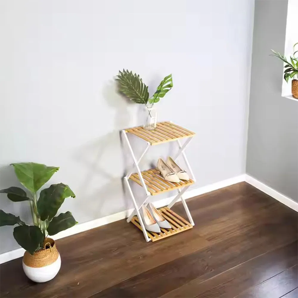 Multifunctional Triple-Layer Bamboo Wood Foldable Storage Shelf Rack for Flower or Shoes or Other Home Organization