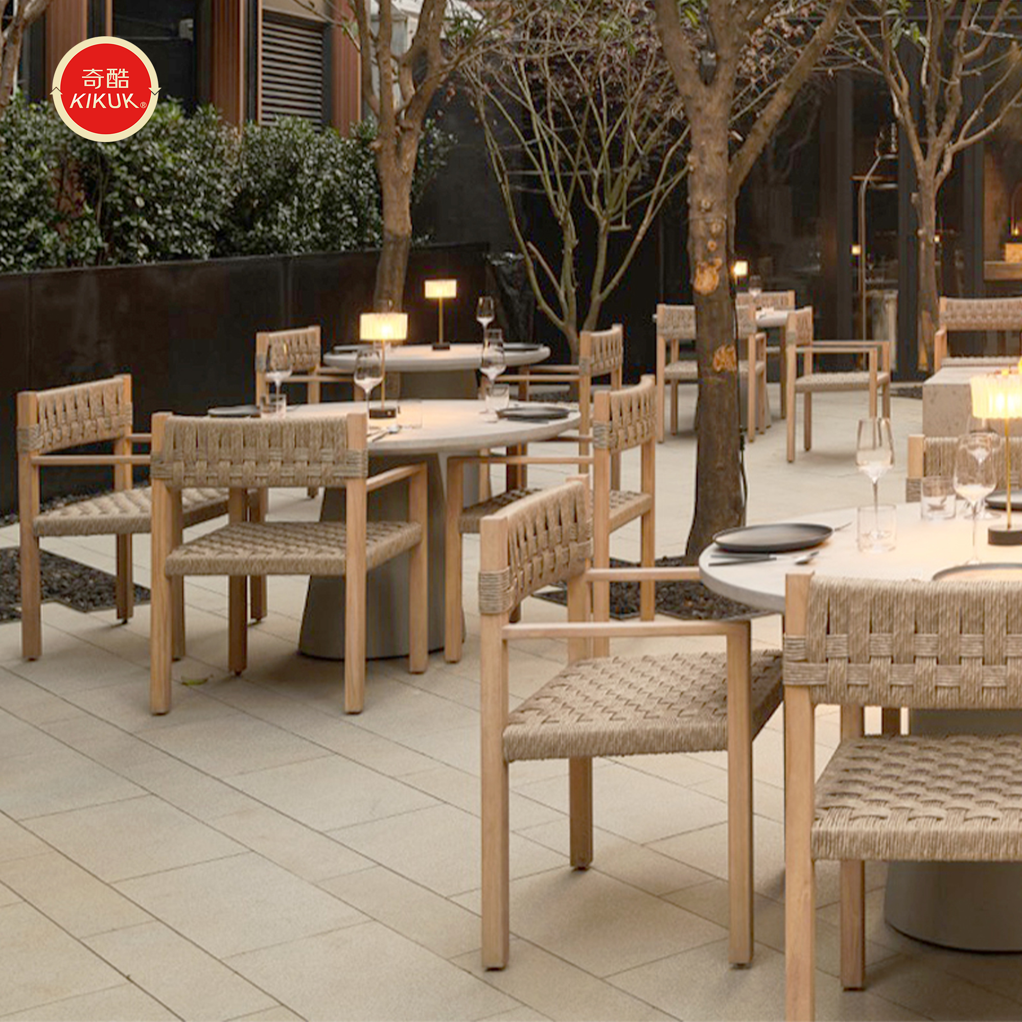 Durable Waterproof UV Resistant Outdoor Restaurant Furniture Commercial Terrace Table Rope Chair Set Suitable for Hotel Terraces